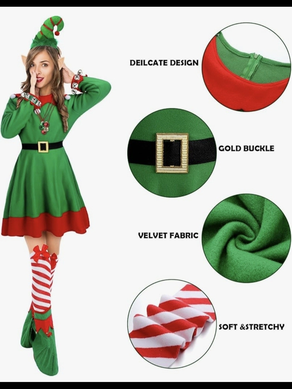 Holiday Elf Costume Dress Set for Women in Green and Red #1353 - Picture 8 of 11